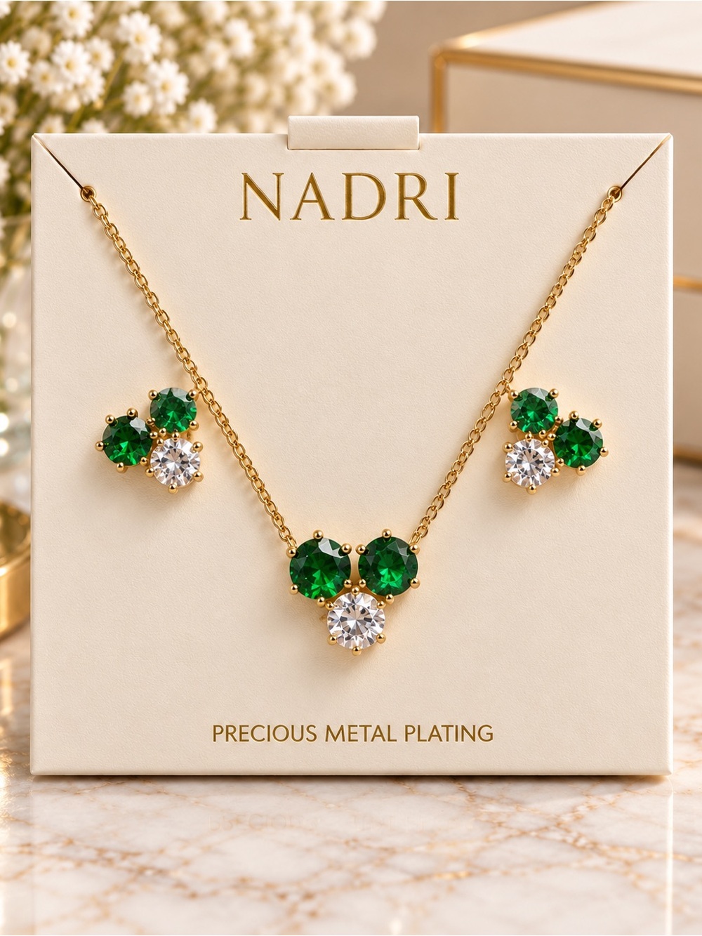 NWT Nadri Emerald Green Crystal Necklace & Stud Earrings Set Gold Tone Gift